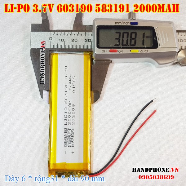 Pin Li-Po 3.7V 2000mAh 603190 583191 603090 (Lithium Polymer) cho Loa Bluetooth, Bàn Phím Bluetooth, Thiết Bị Y Tế