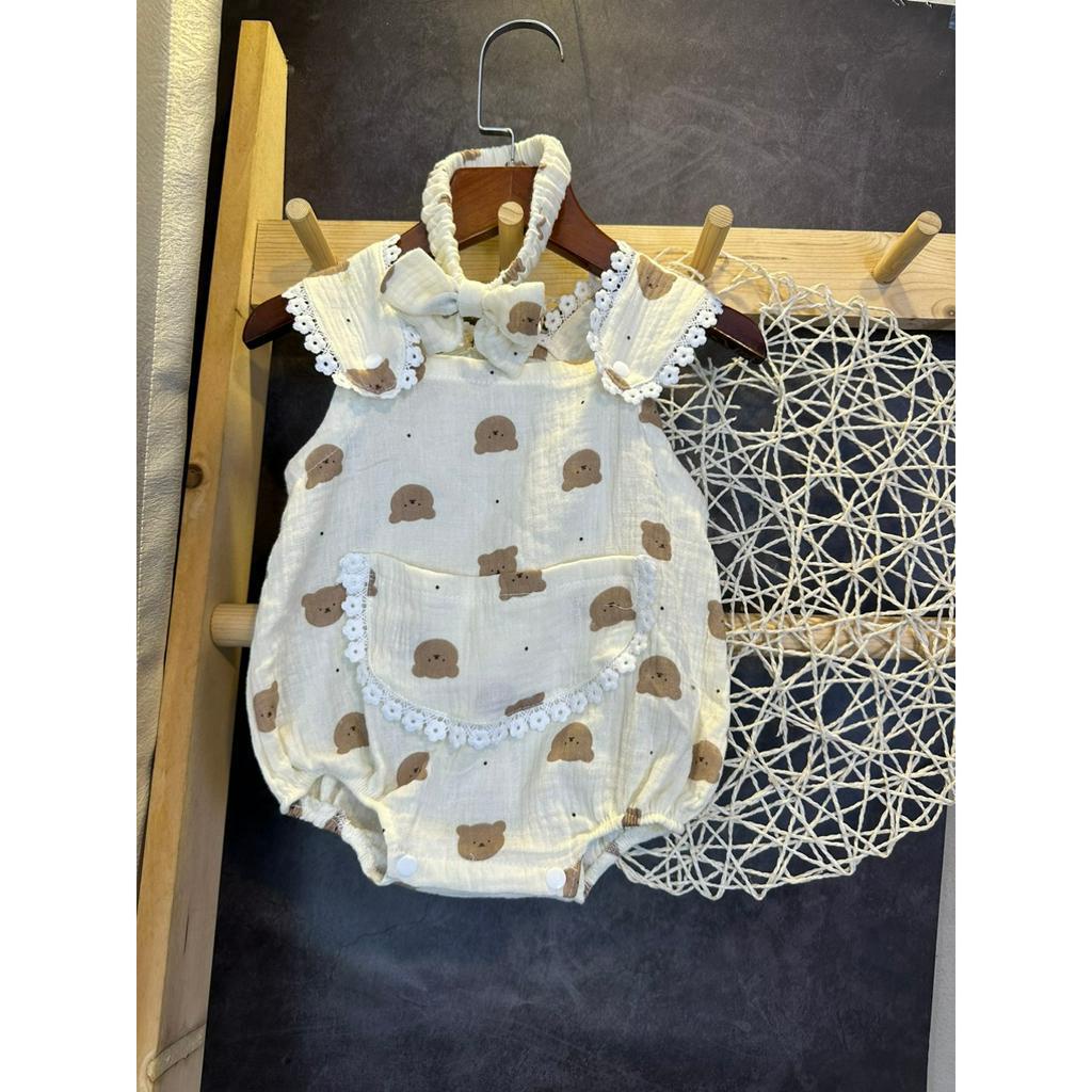 Body Cho Bé Gái HML XÔ MUSLIN HÌNH GẤU Cực Mềm Mát Thấm Hút TẶNG NƠ