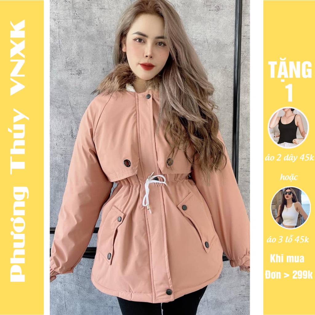 Áo phao nữ PHƯƠNG THÚY VNXK cao cấp - áo khoác lông 2021 dây rút eo sành điệu Ulzzang lông mũ tháo rời cực ấm