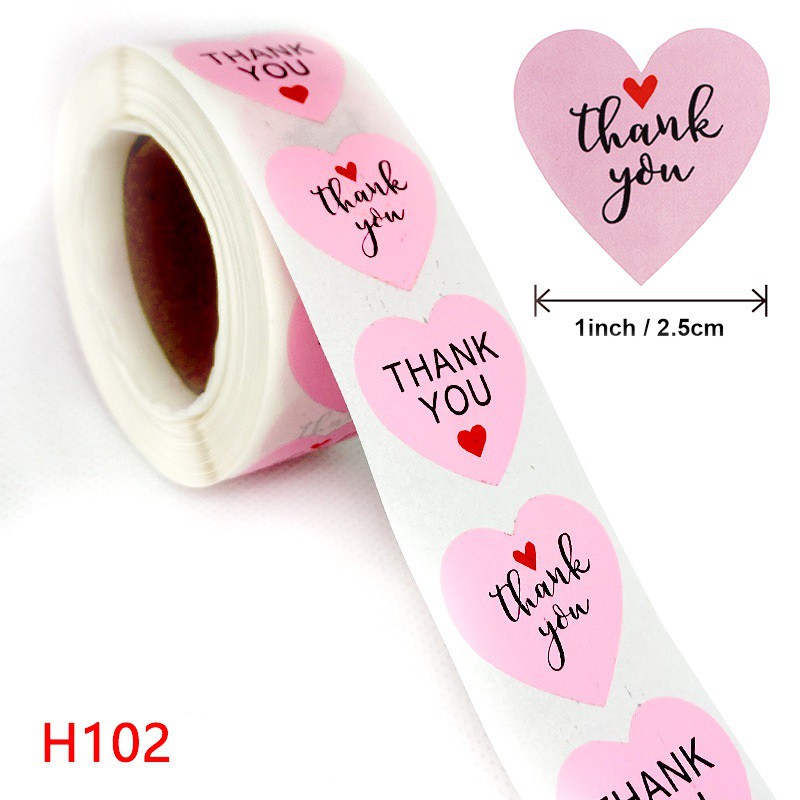 Cuộn 500 tem Sticker Thank you in màu tự dính - Tem cảm ơn siêu dễ thương nền Hồng