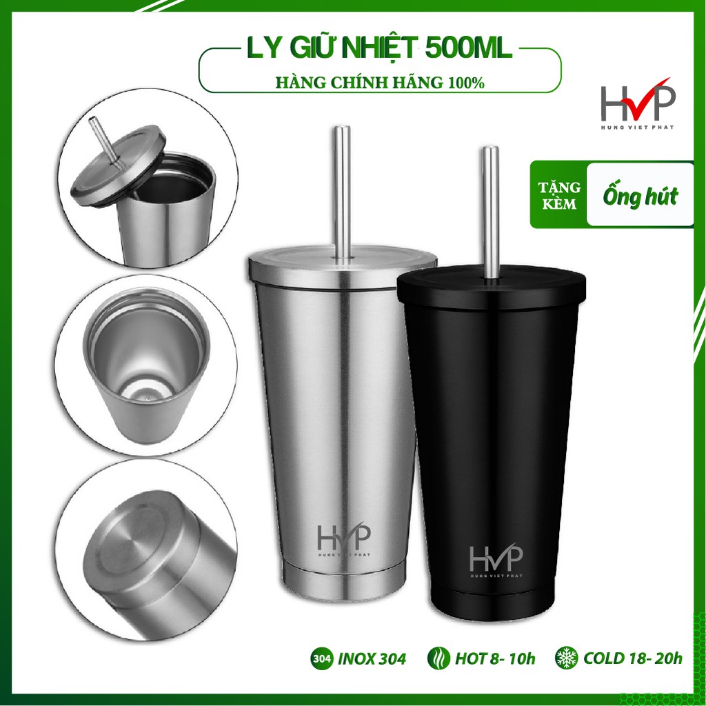 [Tặng ống hút] - Ly giữ nhiệt Oval HVP - Bình giữ nhiệt Oval HVP bằng inox 304  - Dung tích 500ml