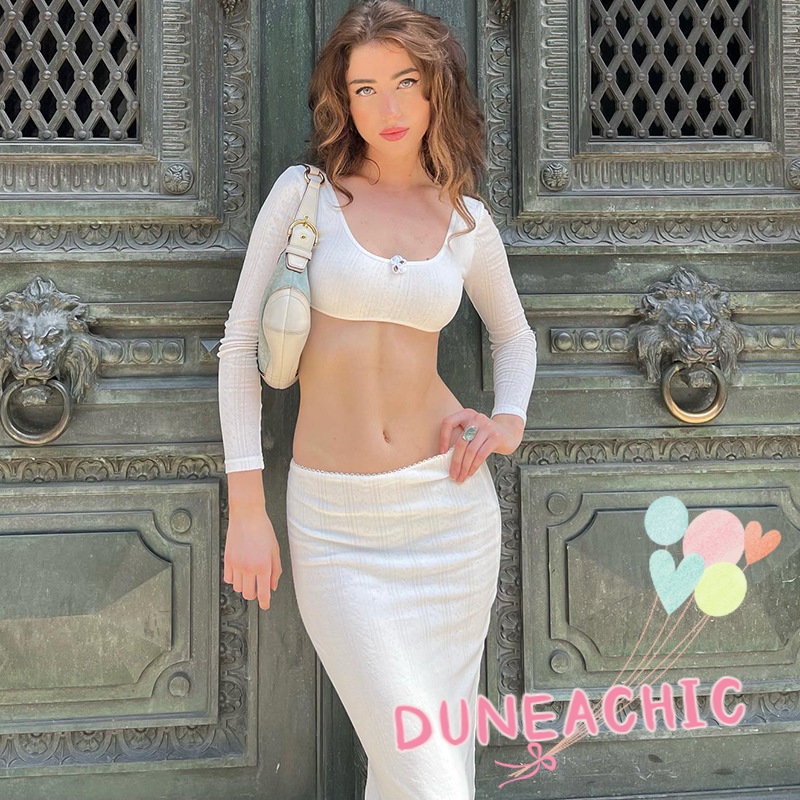 DUNEA Set Áo Croptop 2 Dây Hở Lưng + Chân Váy Dài Màu Trơn Phong Cách Quyến Rũ