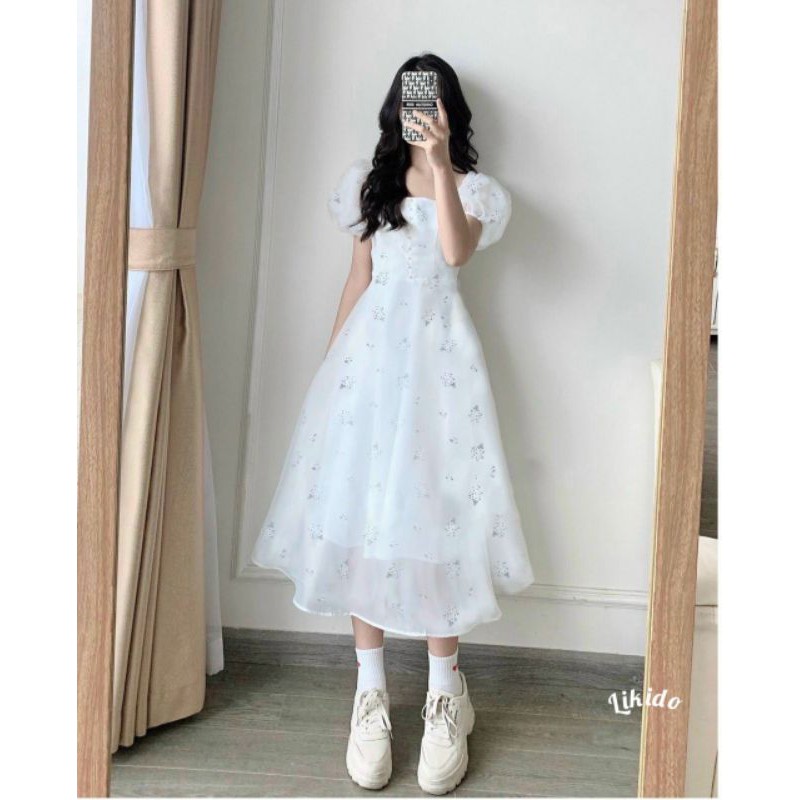 (Sẵn) Đầm đi tiệc midi voan hoa cổ vuông tay phồng nút bọc | BigBuy360 - bigbuy360.vn