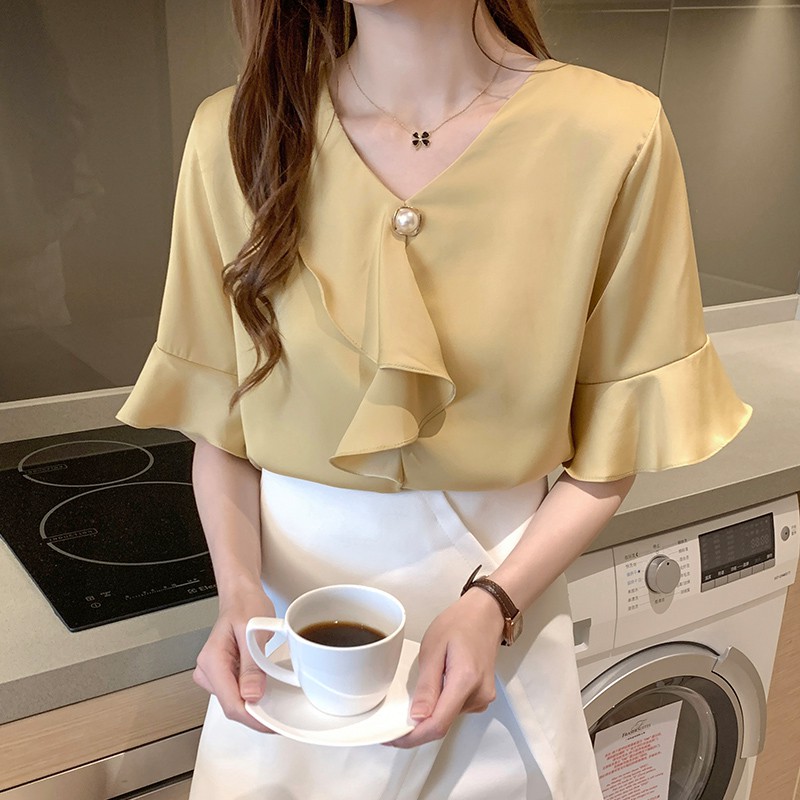 Korean Elegant Ruffle V Neck Casual Blouse Women Summer Flare Short Sleeve Shirt Yellow White Pink