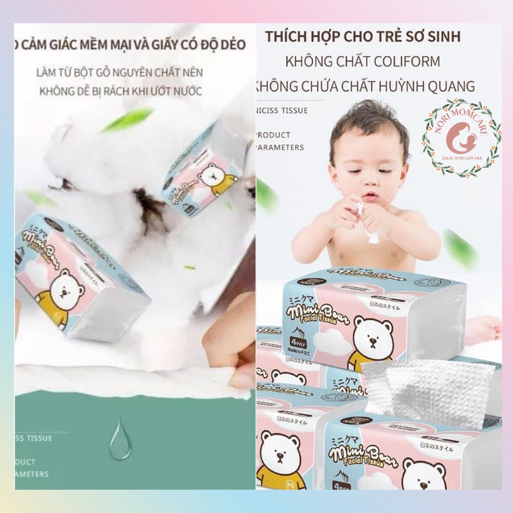 Khăn giấy khô rút Minibear Nhật, lau mặt, vệ sinh 300 tờ chuyên dùng cho mẹ và bé