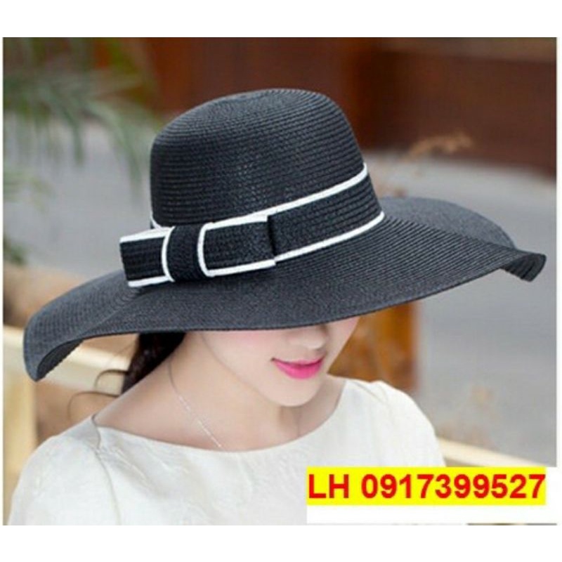 Nón rộng vành đi biển đẹp mũ cói nơ viền trắng cho nữ