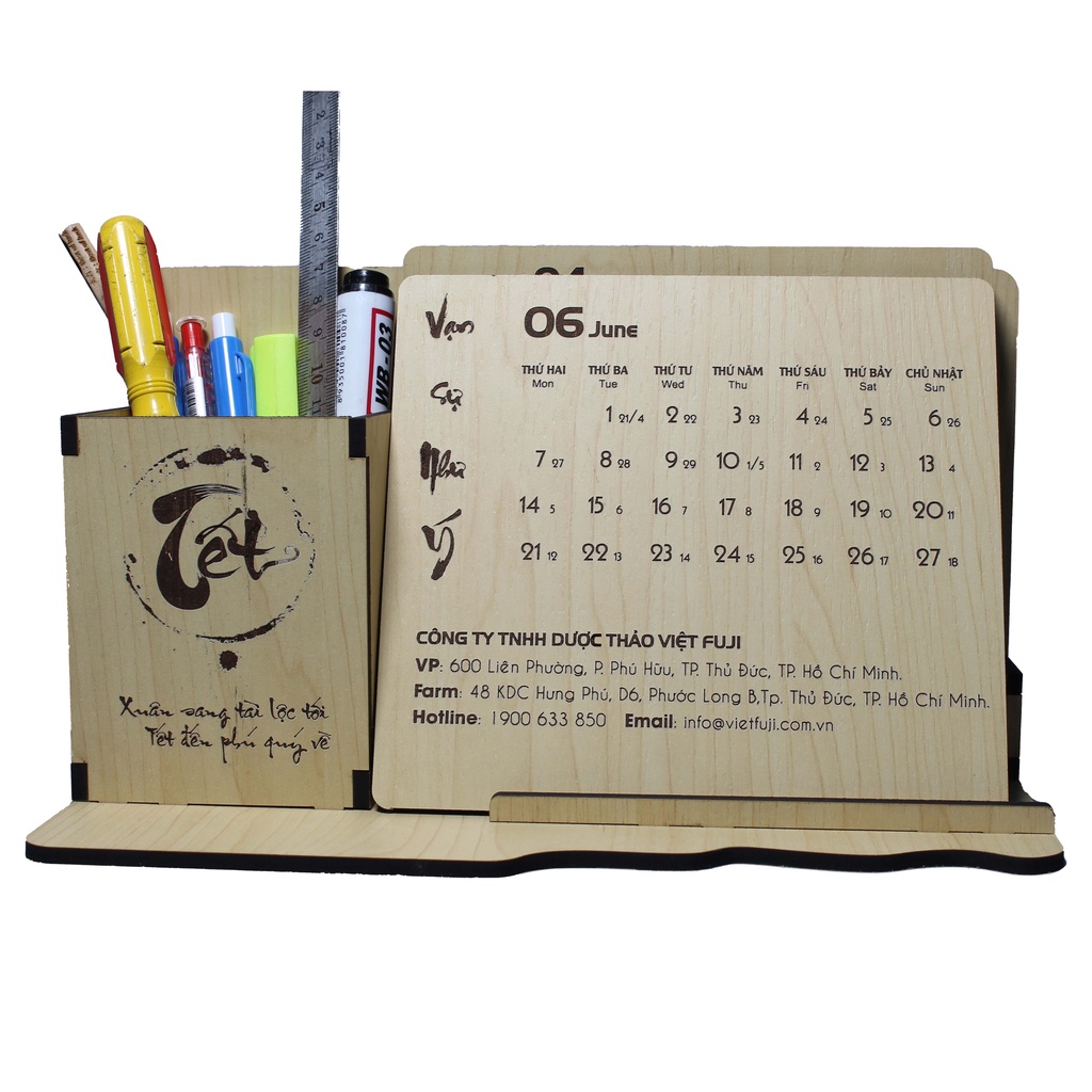 Lịch gỗ để bàn mini đa năng có khay đựng bút viết.KHẮC HÌNH THEO YÊU CẦU