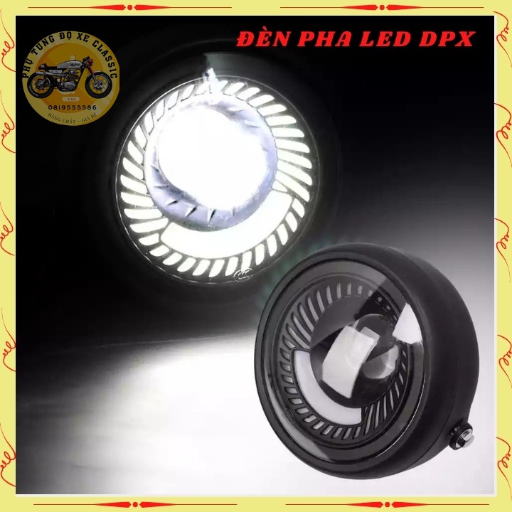 Đen led pha cao cấp, đèn xe máy độ CAFE RACER dạng xoắn gáo sắt sơn đen mặt kính