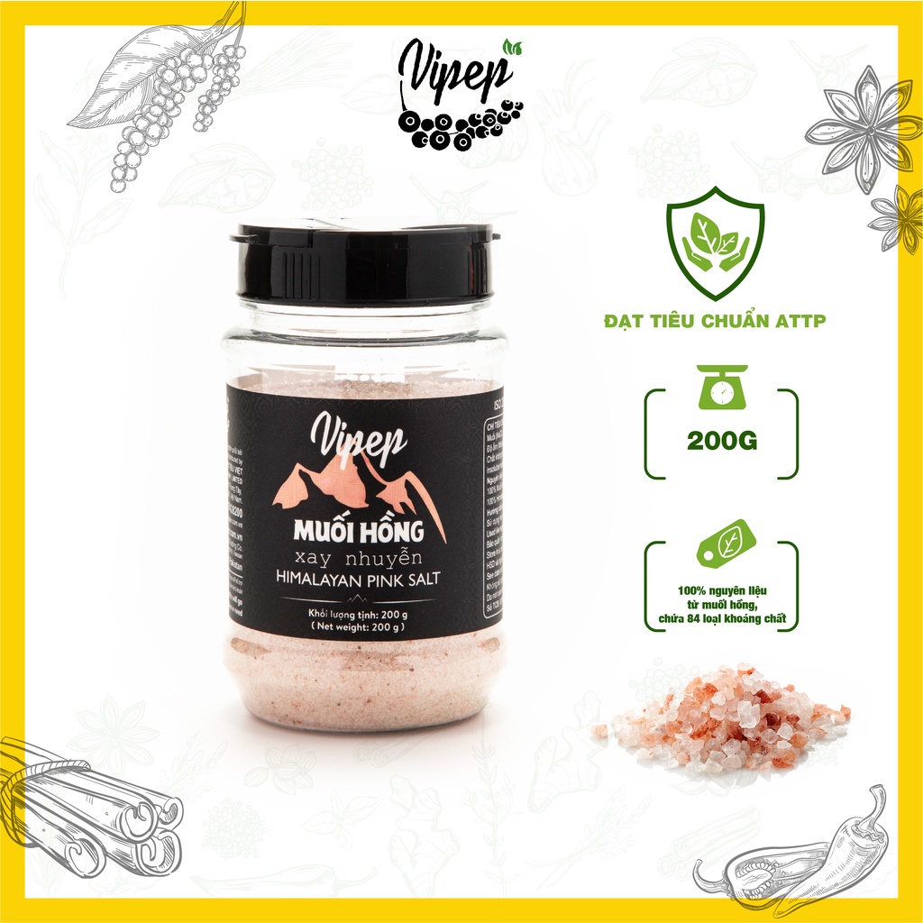 Muối hồng Vipep xuất xứ Himalaya chuyên dùng sơ chế món ăn, nguyên hạt và xay nhuyễn 120g/200g/250g/500g/1100g