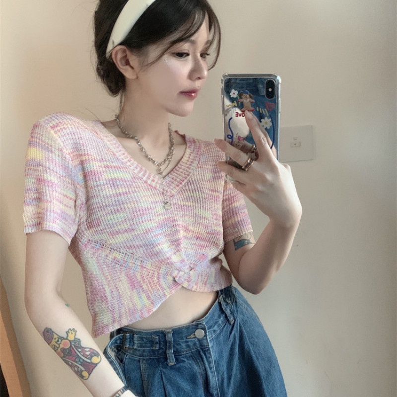 Áo Crop Top Dệt Kim Tay Ngắn Cổ Chữ V Lưng Cao Nhiều Màu Thời Trang Xinh Xắn Cho Nữ