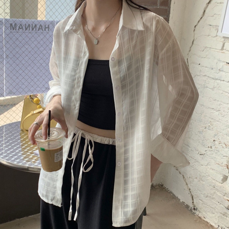 Áo Sơ Mi Dài Tay Màu Trắng Thời Trang 164545 Áo Sơ Mi Chống Nắng Vải Mỏng Thời Trang Dễ Phối Đồ