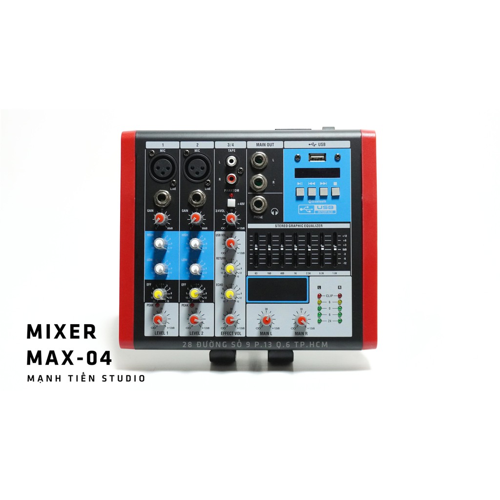 Bàn trộn âm thanh mixer max 04 - 4 kênh âm thanh nổi - Tích hợp bộ cân bằng Equalizer chuyên nghiệp bảo hành 12 tháng