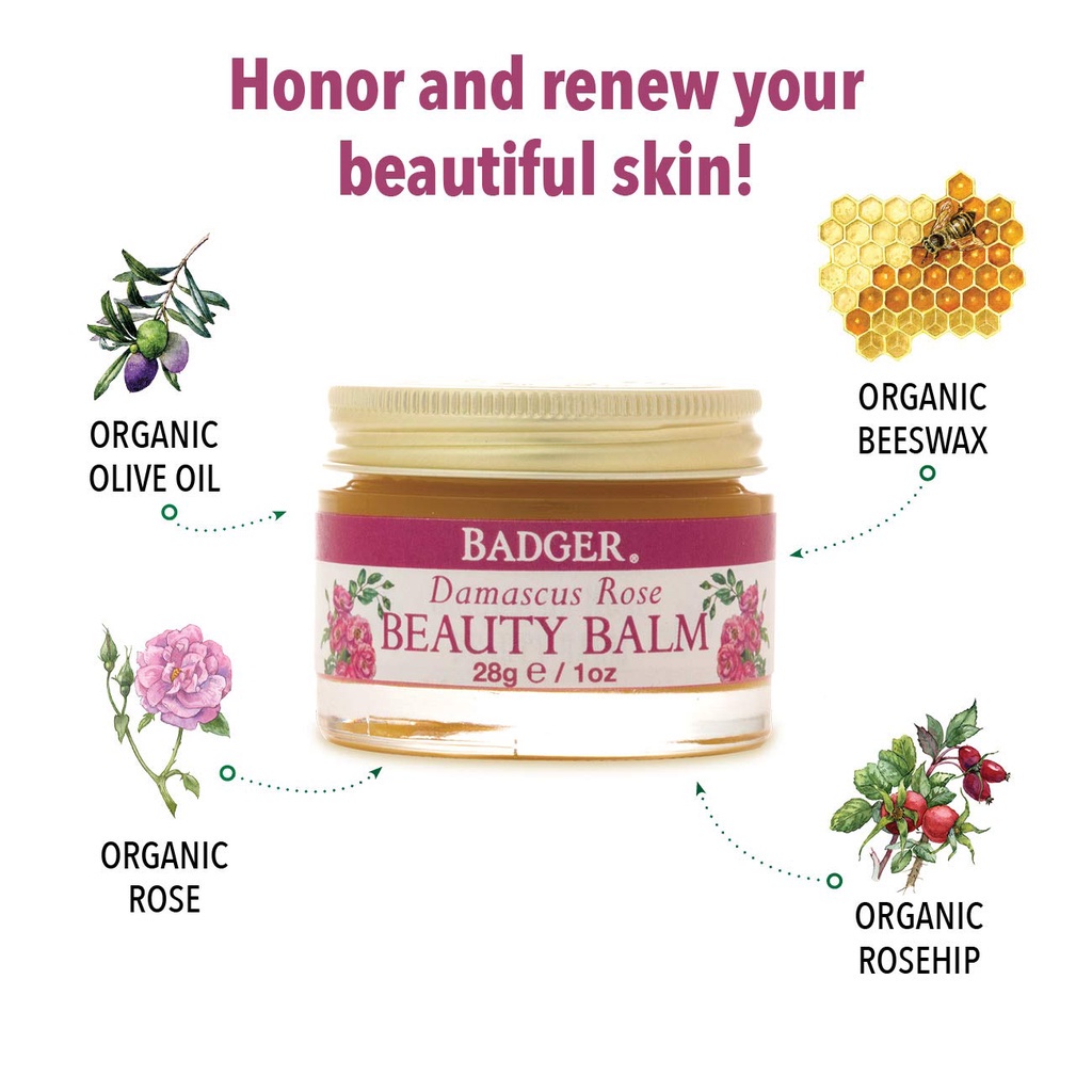 Sáp dưỡng da hoa hồng hữu cơ BADGER Rose organic beauty balm - Dưỡng ẩm sâu cho da khô và da lão hóa - 28g