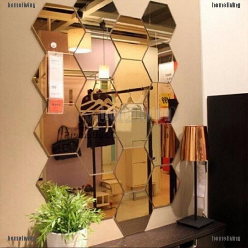 [homeliving] 12 Sticker Dán Tường Vinyl 3D Hình Lục Giác Hiệu Ứng Gương