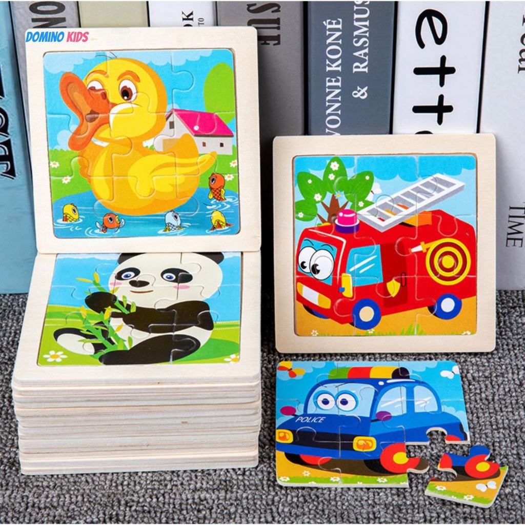 Bộ 9 miếng gỗ xếp hình 3d 11x11cm hình động vật / giao thông / phương tiện giao thông Cho Bé