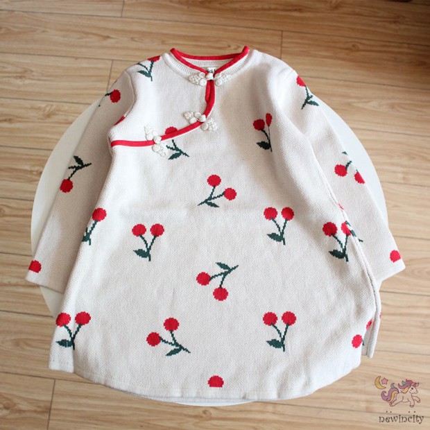 Đầm Sườn Xám Tay Dài Họa Tiết Quả Anh Đào Phong Cách Trung Hoa Dành Cho Bé Gái