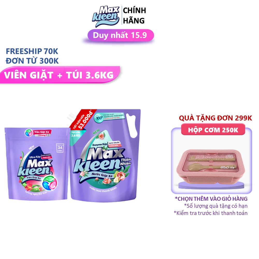 Combo Túi Nước Giặt Xả Thiên Nhiên 3.6kg + Túi Viên Giặt Xả MaxKleen (34 viên/túi)