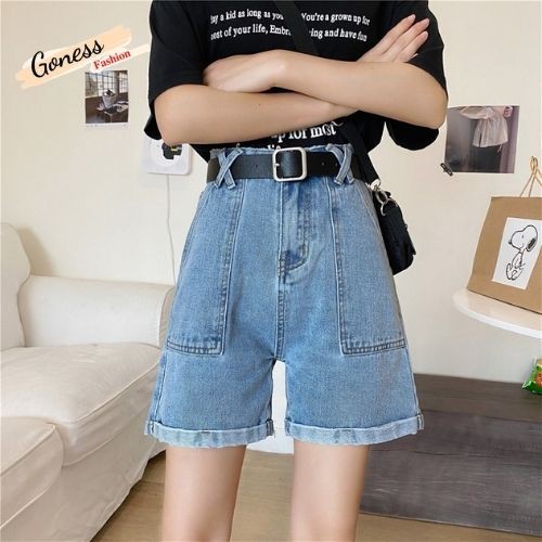 Quần short jeans nữ Goness cạp cao trơn màu xanh denim phong cách Hàn Quốc qs256