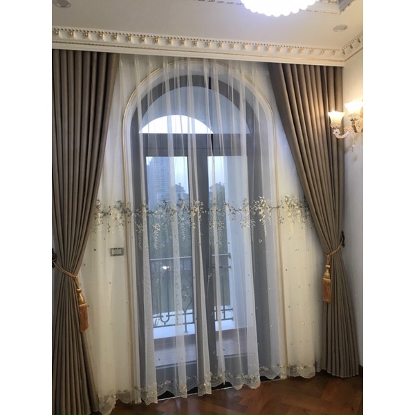 Vải rèm voan thêu hoa thiên lý, chân ren thêu sẵn