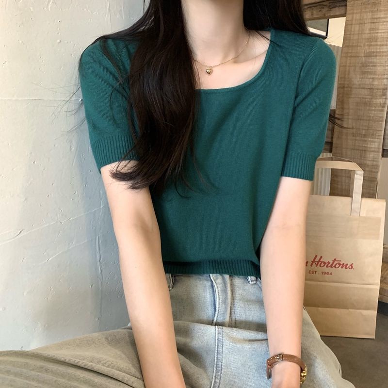 Áo Dệt Kim Ngắn Tay Cổ Vuông Màu Trơn Đa Năng Phong Cách Hàn Quốc Thời Trang Xuân Hè