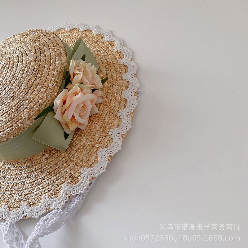 Mũ cói gắn hoa vintage cho bé gái