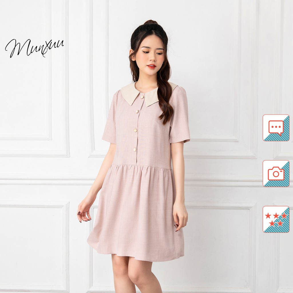 Váy babydoll tay ngắn MUNXUU đính cúc thiết kế màu trơn dáng dài xòe nhẹ nhàng thanh lịch - V05