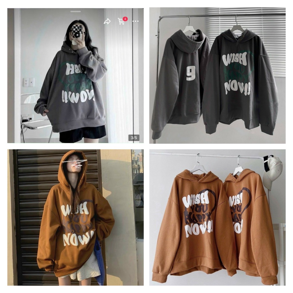 ( GIẢM 50% ) Aó Hoodie Nam Nữ Họa Tiết Chữ WISH YOU HAPPY NOW ! Phối Hình Tim Phía Sau In Số 9 Nón Có Nút Bấm Sành Điệu