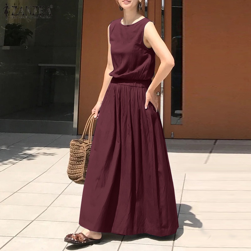 Đầm ZANZEA sát nách cổ tròn eo đàn hồi màu trơn phong cách Châu Âu đơn giản dành cho nữ