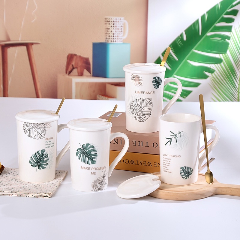 Ly cốc sứ có nắp in hình LÁ MAY MẮN có HỘP QUÀ cực đẹp