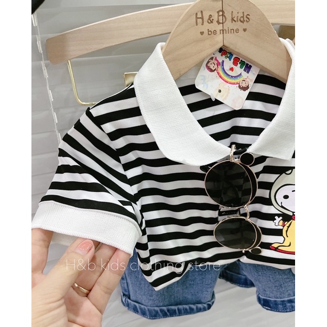 Set hàng thiết kế áo polo kẻ sọc và quần jean xanh siêu đẹp cho bé trai