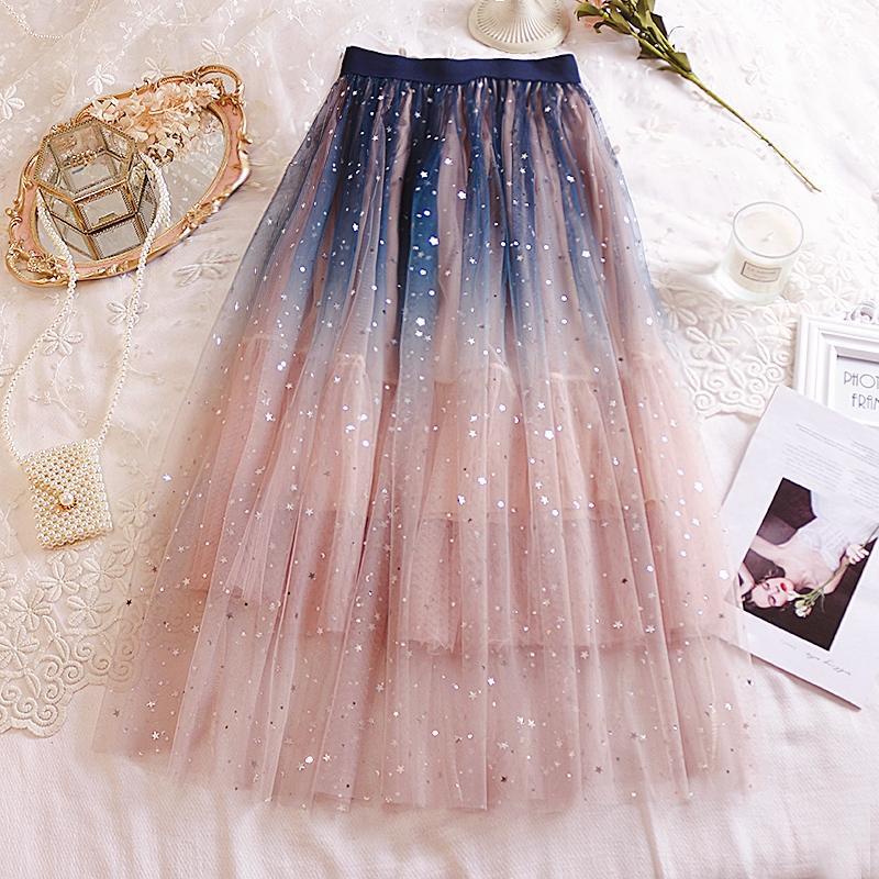 Chân Váy Lưới Dáng Dài Họa Tiết Ngôi Sao Lấp Lánh Màu Sắc Gradient Phong Cách Hàn Quốc