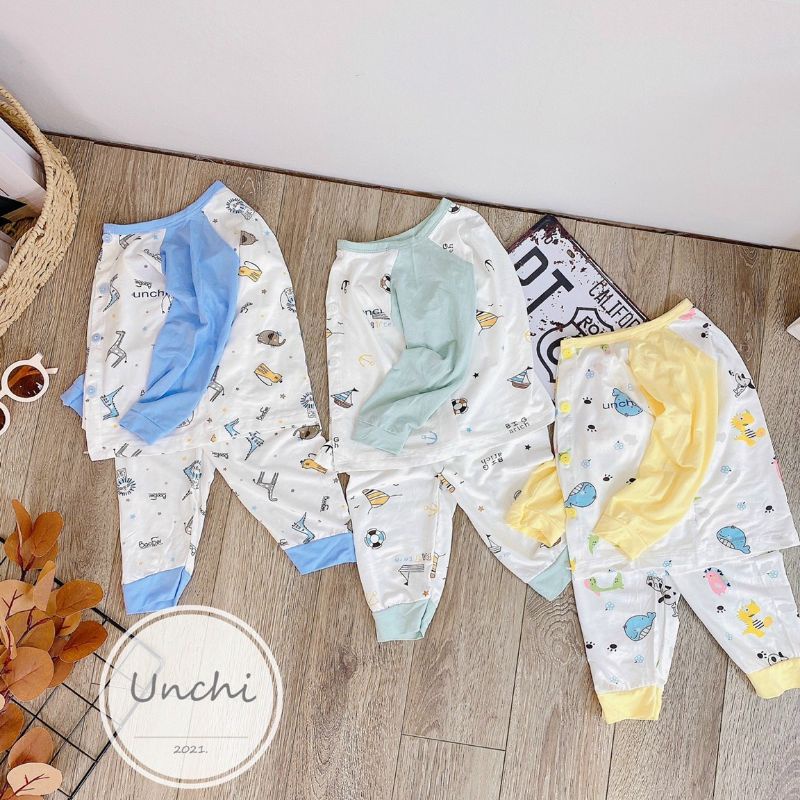 Bộ Quần Áo Dài Unchi Cúc Giữa Vải Petit Mềm Mát Cho Bé 3-9kg