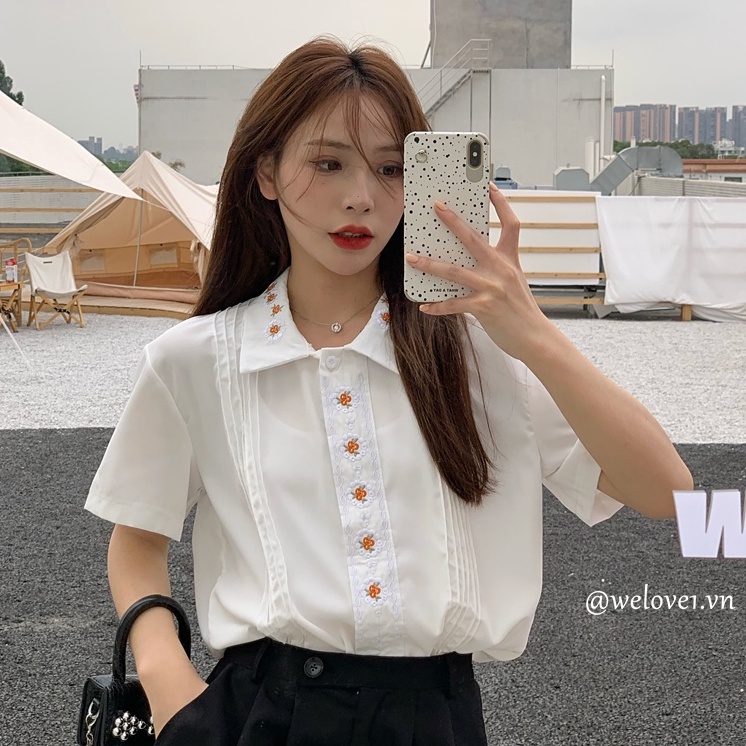 Áo Sơ Mi Ngắn Tay Thêu Hoa Thời Trang Hàn Quốc Cho Nữ