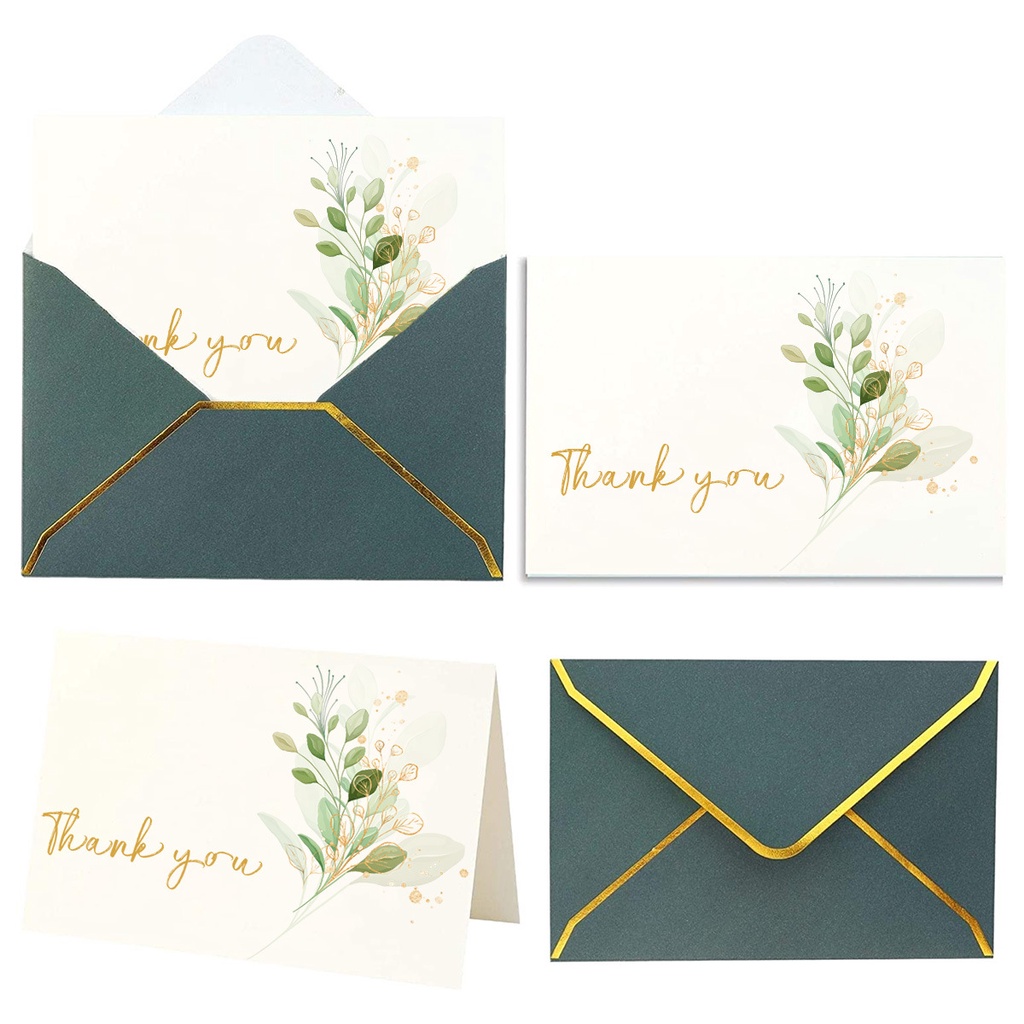 Thiệp Thank you màu trắng kèm phong bì xanh viền gold - phụ kiện hộp quà tặng sang trọng