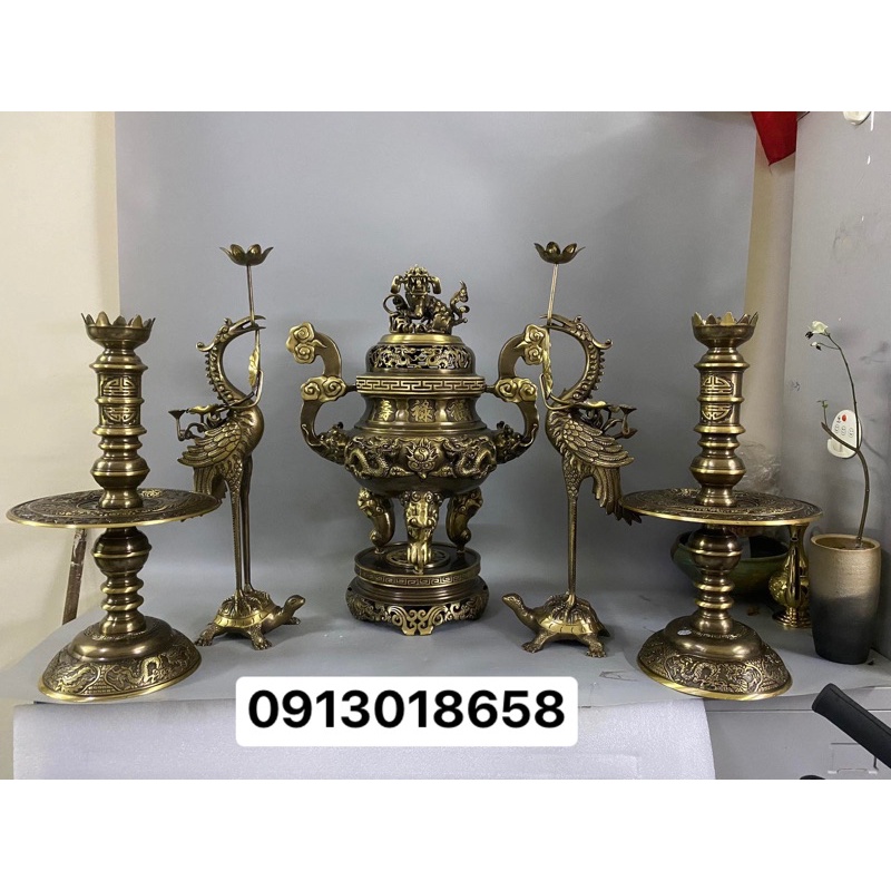 Bộ đỉnh thờ lư thờ song long rồng phượng cao 60cm hàng đúc thủ công cao cấp số 1