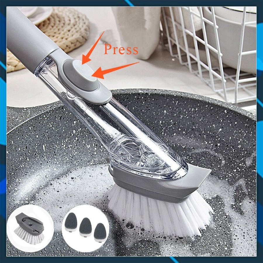 Cọ Đa Năng Nhà Bếp 2in1, Cọ Nồi Niêu Xoong Chảo Tự Xịt Dầu Rửa Bát, Đầu Bàn Chải Và Đầu Mút Mềm
