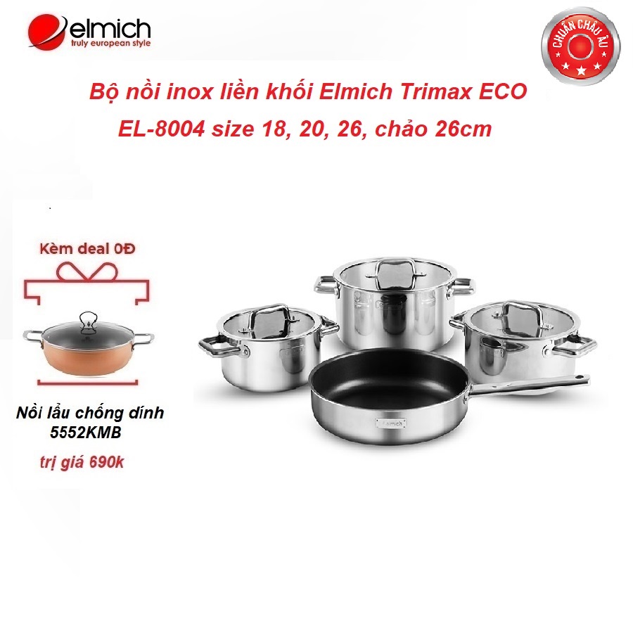 Bộ nồi Elmich inox liền khối Elmich Trimax ECO EL-8004 size 18, 20, 26, chảo 26cm