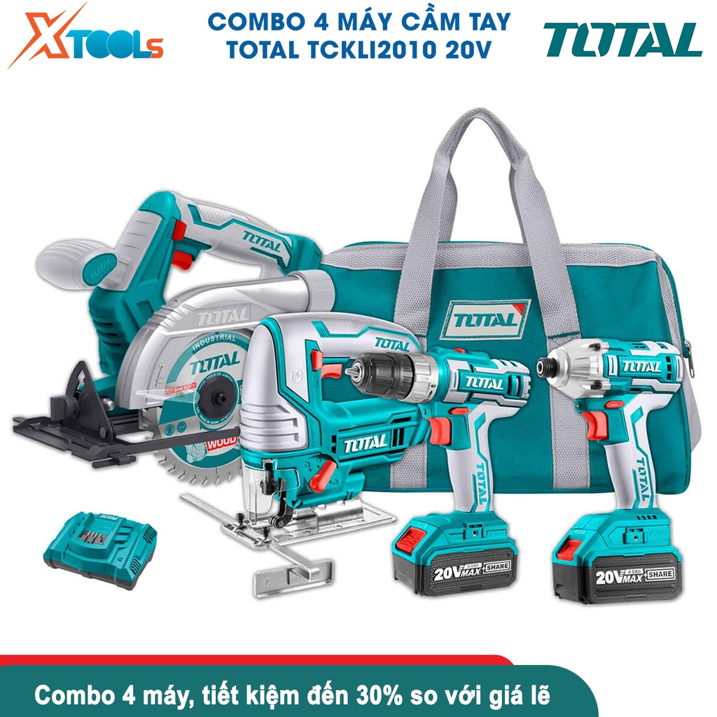 Bộ 4 máy cầm tay dùng pin 20V TOTAL TCKLI2010 gồm máy khoan, máy bắn vít, máy cưa lọng, máy cưa đĩa