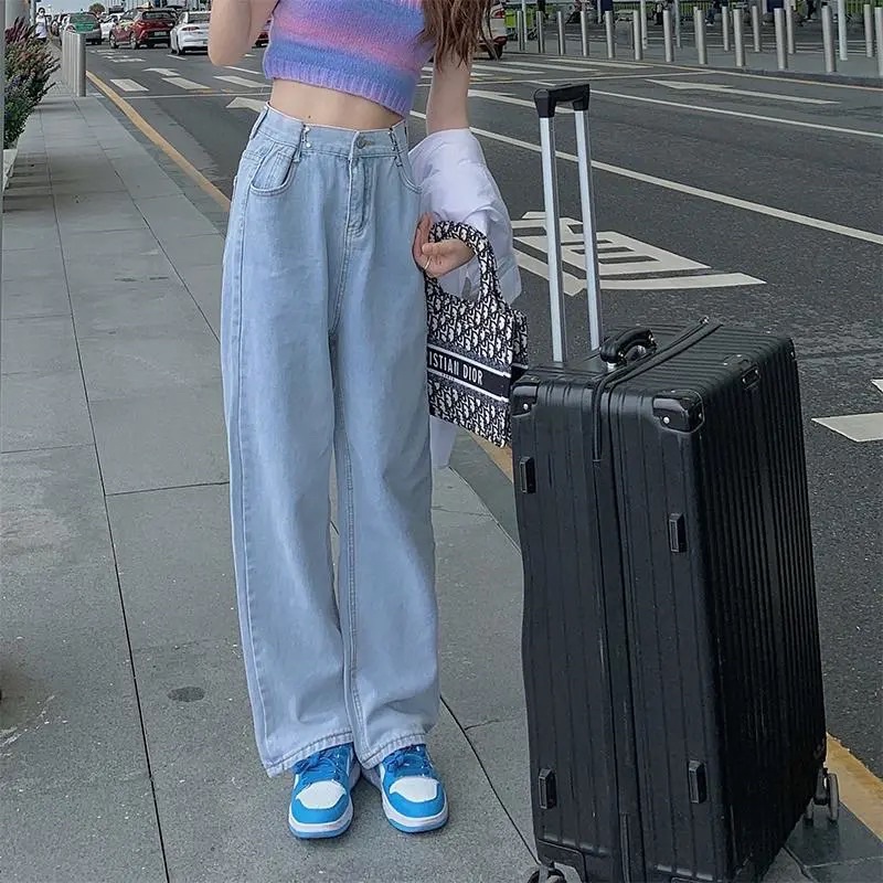 Quần Jeans Nữ Màu Xanh Nhạt Ống Suông Cạp Cao Gài Điều Chỉnh Eo Phong Cách Ulzzang Mặc Đi Học Đi Làm Đi Chơi Basic