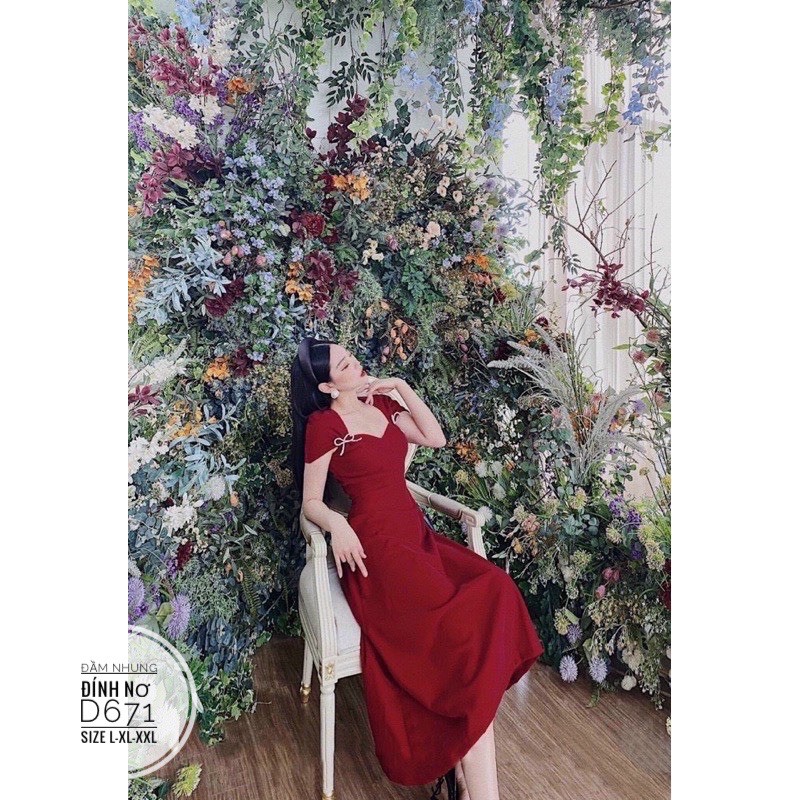 Bigsize Đầm nhung đính nơ D671