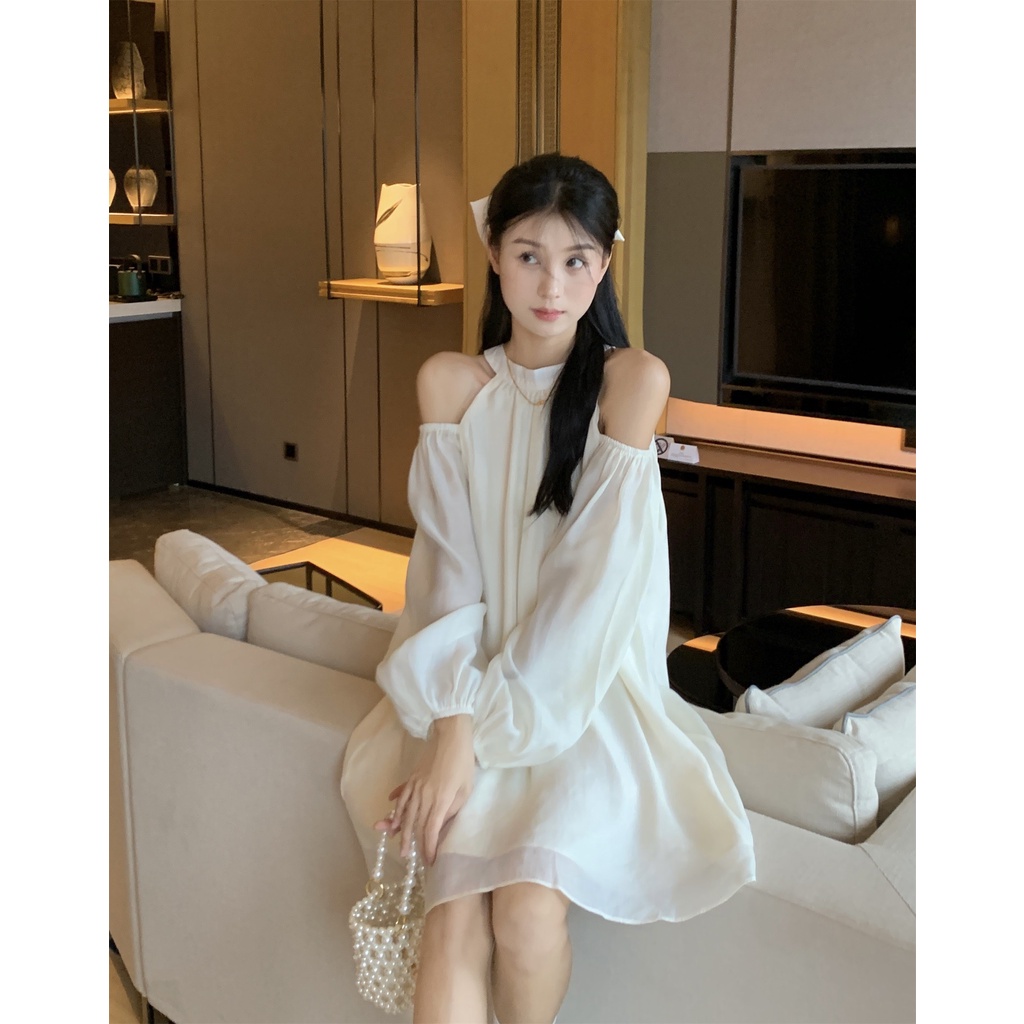 Váy đầm công chúa cổ yếm hở vai màu kem đen dáng xòe phong cách Ulzzang MS5543