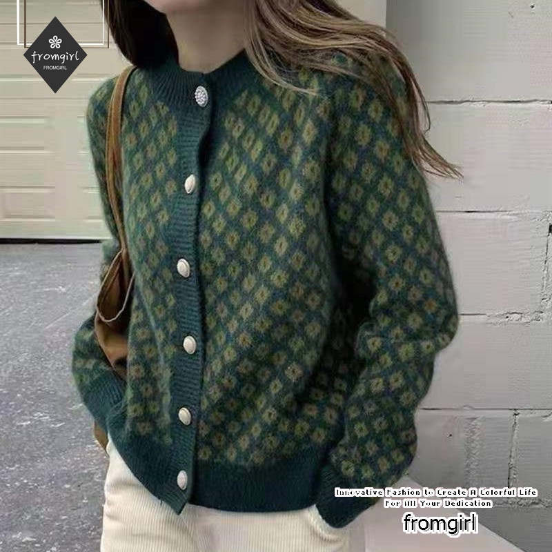 Áo Khoác Cardigan Dệt Kim Cổ Chữ V Màu Xanh Lá Phong Cách Retro