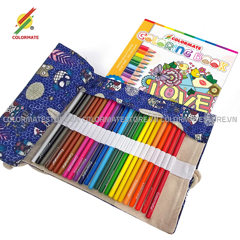 Bộ bút màu 24 cây bút chì gỗ kèm túi và tập tô màu dành cho bé - COLORMATE