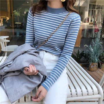 Áo sweater cổ cao tay dài dáng vừa vặn kẻ sọc kiểu Hàn Quốc cho nữ