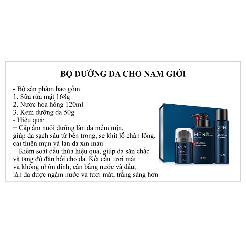 Bộ ba sản phẩm dưỡng da, chăm sóc da dành cho nam VEZE làm sạch da, dưỡng ẩm, dưỡng trắng, da săn chắc, kiềm dầu SPU181