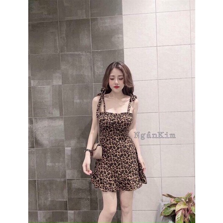 Đầm thun da báo hai dây, đầm thun ôm eo da báo