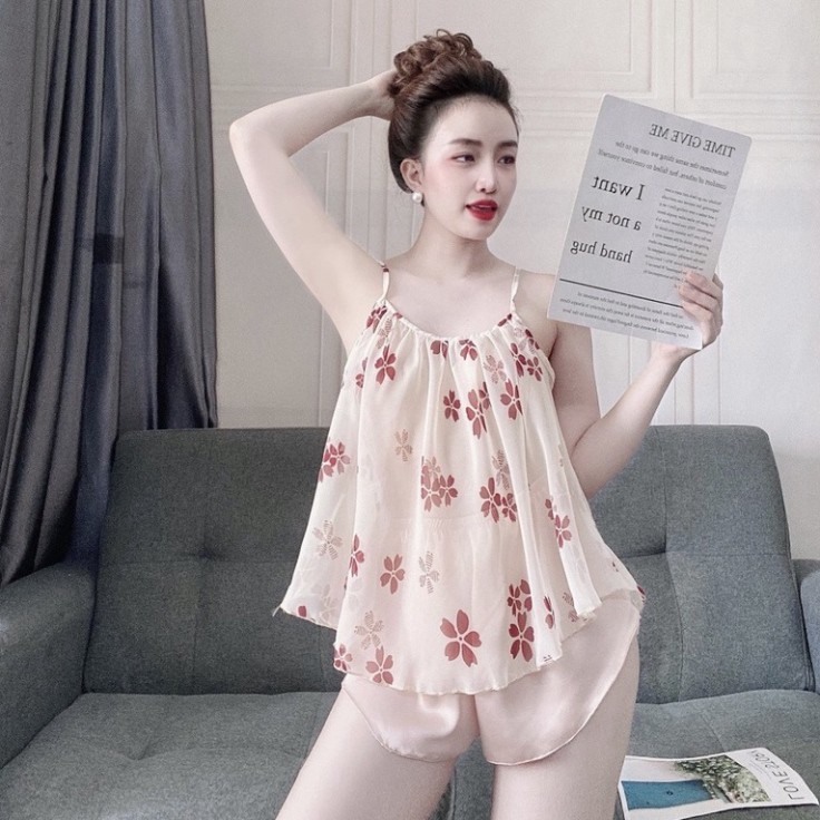 Set Đồ Ngủ Sexy Nữ Gợi Cảm❤️ Bộ Đồ  Đùi Cột Dây Chiffon Phối Satin Nữ Sexy❤️ | BigBuy360 - bigbuy360.vn