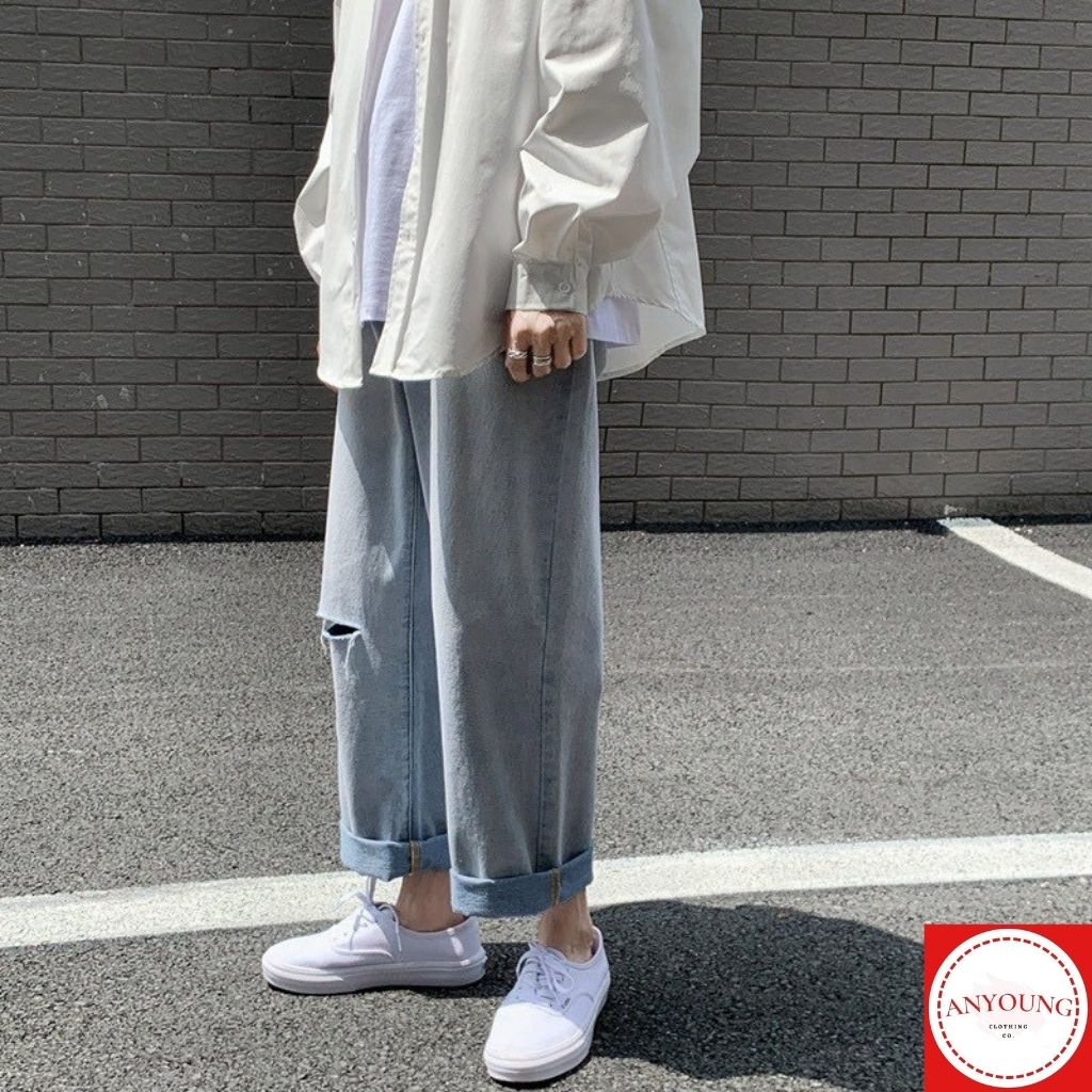Quần Ống Rộng Nam Quần jean nam rách gối cá tính - năng động thời trang cao cấp ANYOUNG QD26