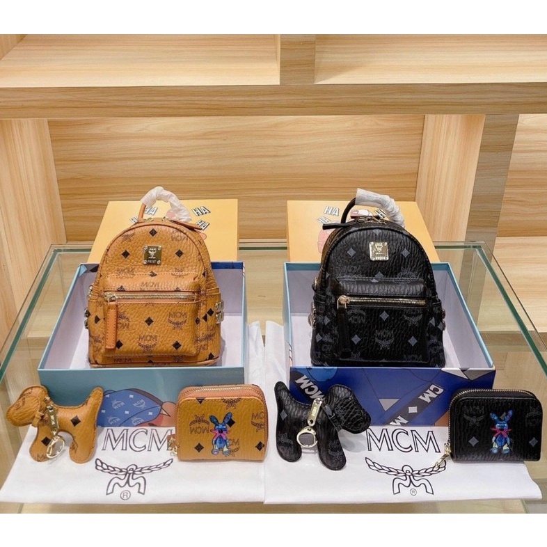 Túi Balo MCM cao cấp size nhỏ mini, có hộp, ví, móc khóa cún  Full box bill