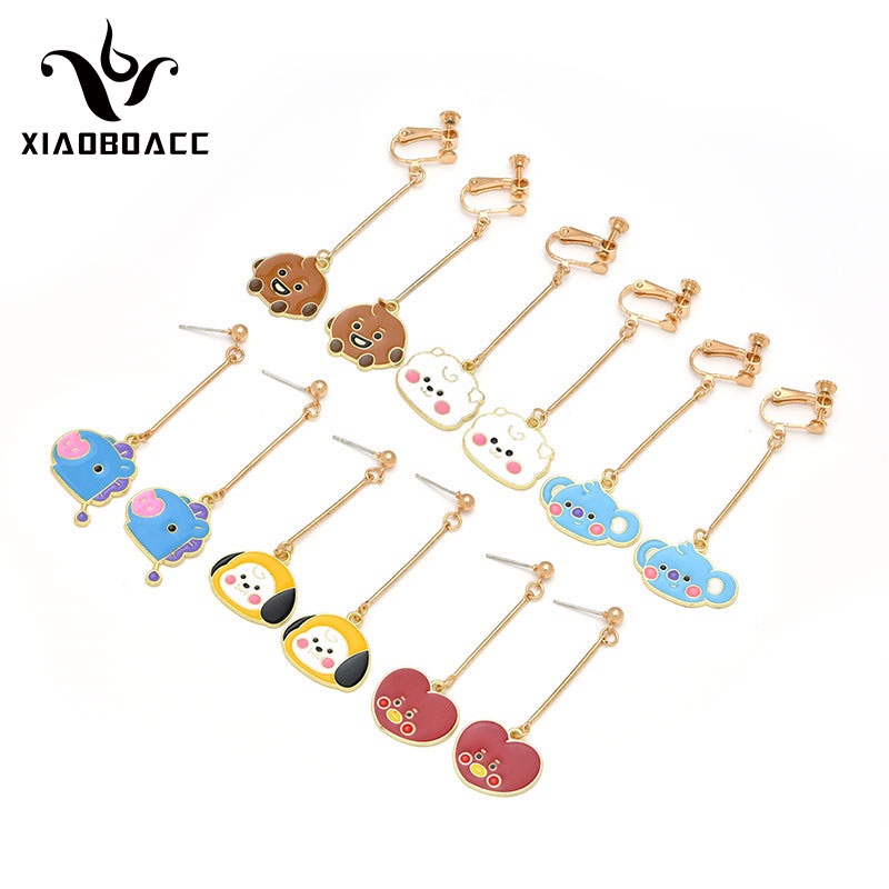 XiaoboACC Bông Tai Dạng Kẹp Mạ Bạc 925 Họa Tiết Hoạt Hình BTS Thời Trang Cho Nữ